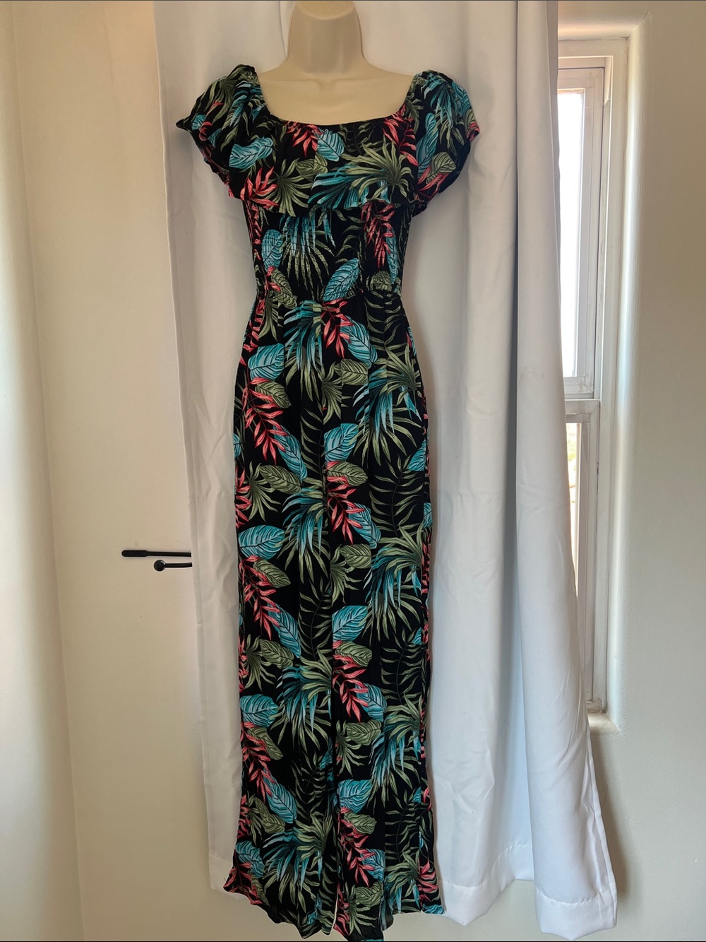 miami Black Maxi Dress with Teal, Coral & Olive Leaf Print